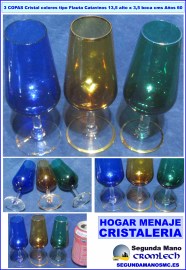 3-COPAS-CRISTAL-TIPO-FLAUTA-COLORES-ANOS-60