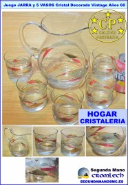 JUEGO-JARRA-Y-5-VASOS-CRISTAL-DECORADO-VINTAGE-ANOS-60