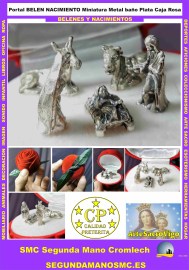 NACIMIENTO-METAL-BANO-PLATA-MINIATURA-CON-CAJA-FORMA-ROSA