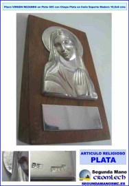 PLACA-VIRGEN-REZANDO-EN-PLATA-925-CON-CHAPA-PLATA-EN-CUNA-SOPORTE-MADERA